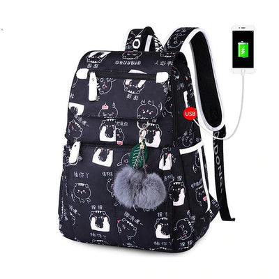 Cute Butterfly Printed Backpack With USB Charging Port