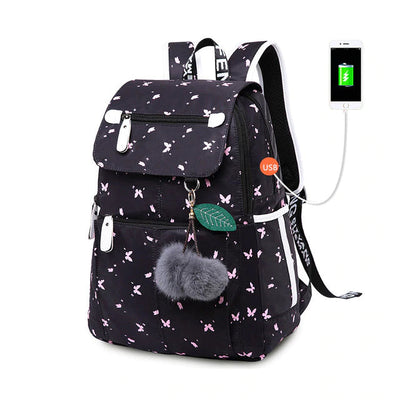 Cute Butterfly Printed Backpack With USB Charging Port